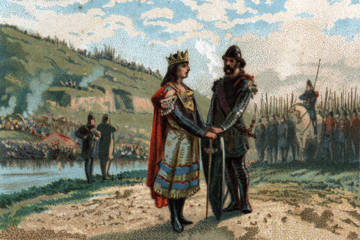 Rainfroy (Rainfroi) borgmästare i Neustrias palatsallians med frisonerna och saxarna för att bekämpa Austrasien. Kromolitografi omkring 1890. av French School