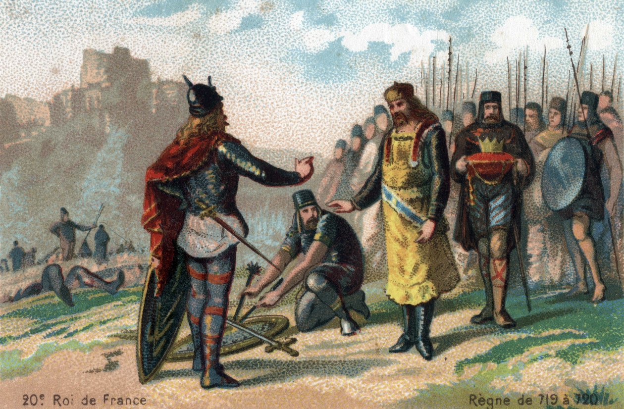 Rainfroy (Rainfroi), belägring av Charles Martel vid Angers, capitule, cirka 717. Kromolitografi omkring 1890. av French School
