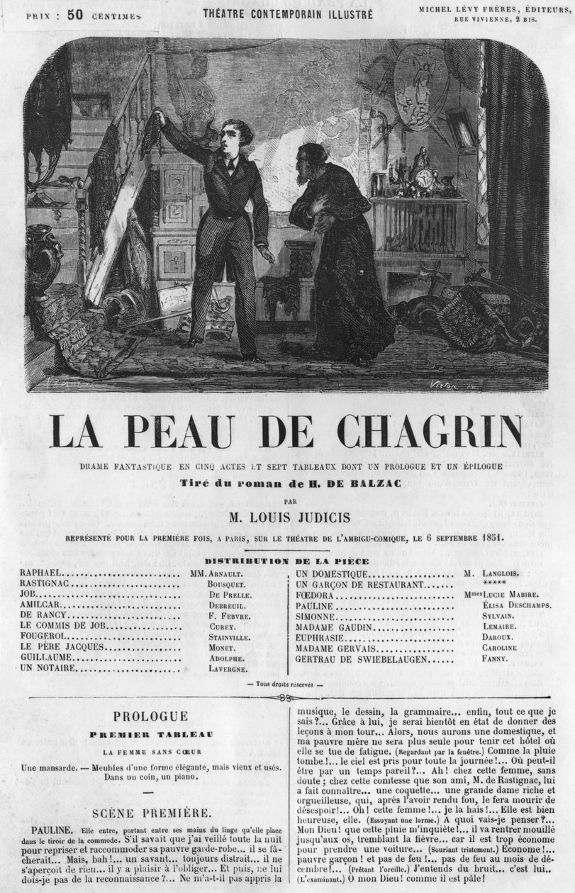 Raphael de Valentin och butiksinnehavaren, illustration från "La Peau de Chagrin", drama anpassat efter romanen av Honore de Balzac (1799-1850) av French School