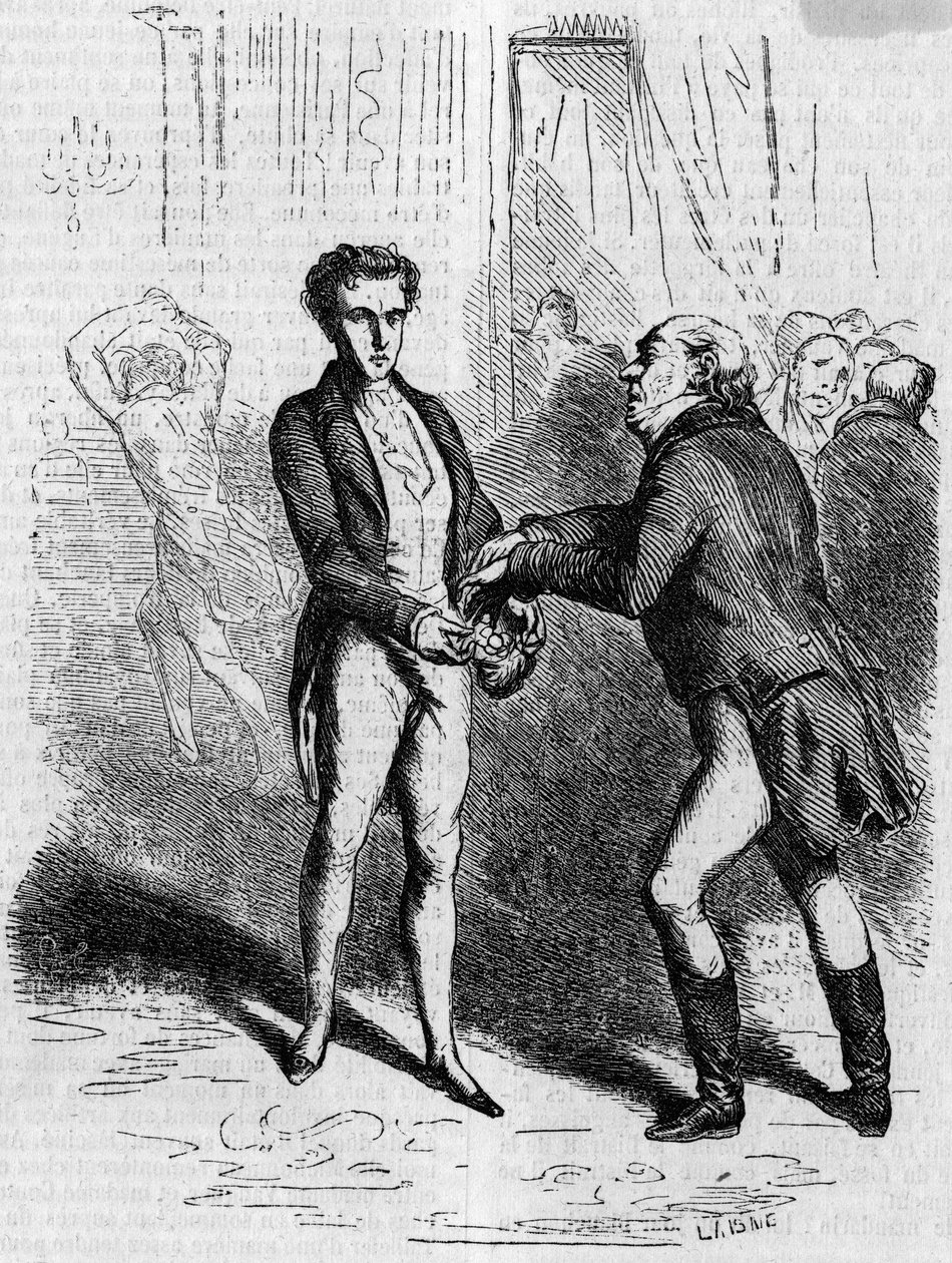 Rastignac yr låter den vithåriga mannen ta tio louis. Gravyr i mitten av 1800-talet. Illustration till "The Father Goriot" av Honore de Balzac (1799-1850). av French School