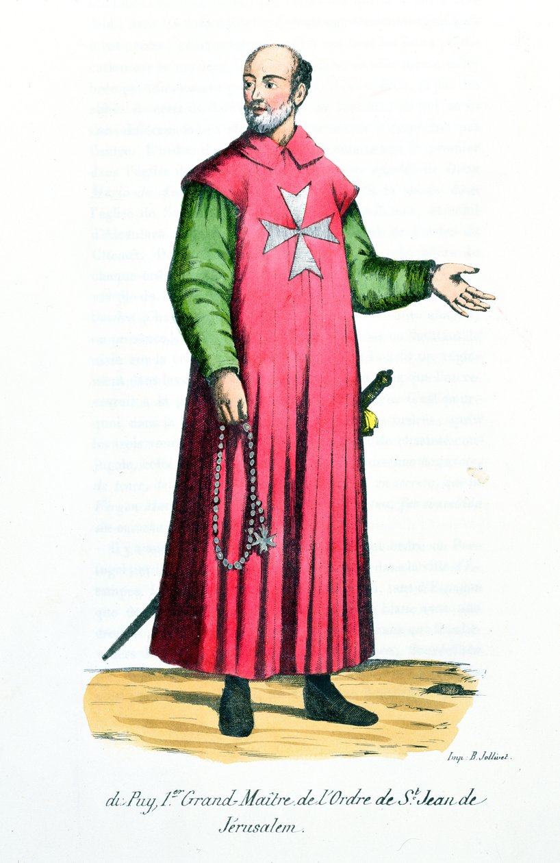 Raymond de Puy (1120-5860) Förste stormästare av Johannesorden av Jerusalem, illustration från History and Costumes of Monastic Orders av Fader Helyot, 1842 av French School