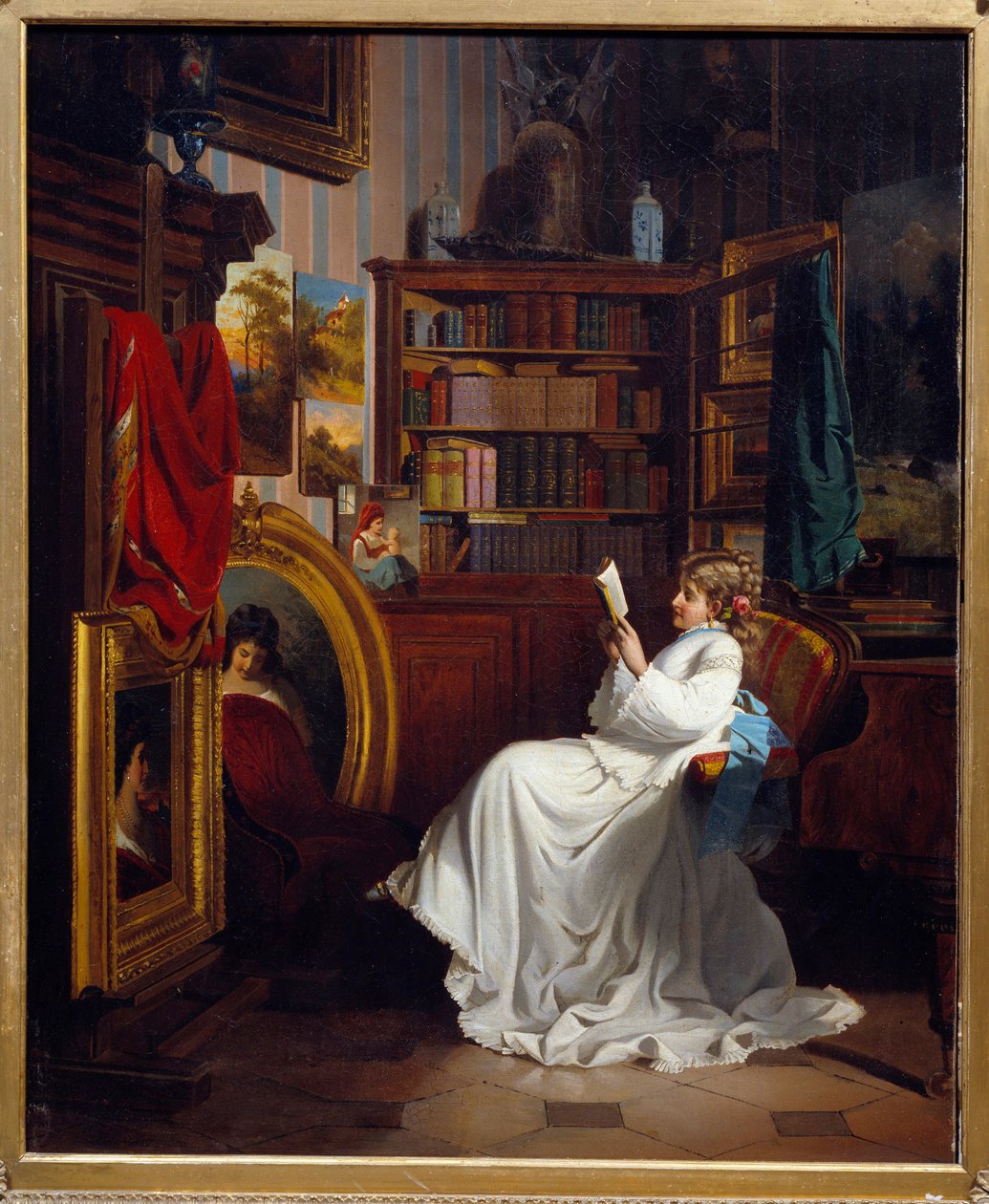 Läser en flicka som läser en bok på ett kontor. Målning av Franska skolan. 1800-talets privatsamling av French School