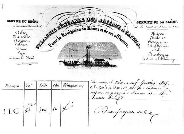 Kvitto för varor utfärdat av Compagnie Generale des Bateaux Vapeur Pour la Navigation du Rhone och dess bifloder av French School
