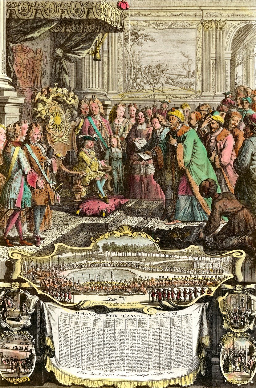 Ludvig XV:s mottagning av Mehemet Effendi, turkisk ambassadör för den store sultanen Achmet, i Tuilerierna den 21 mars 1721. Gravyr från 1700-talet. Privat samling. av French School