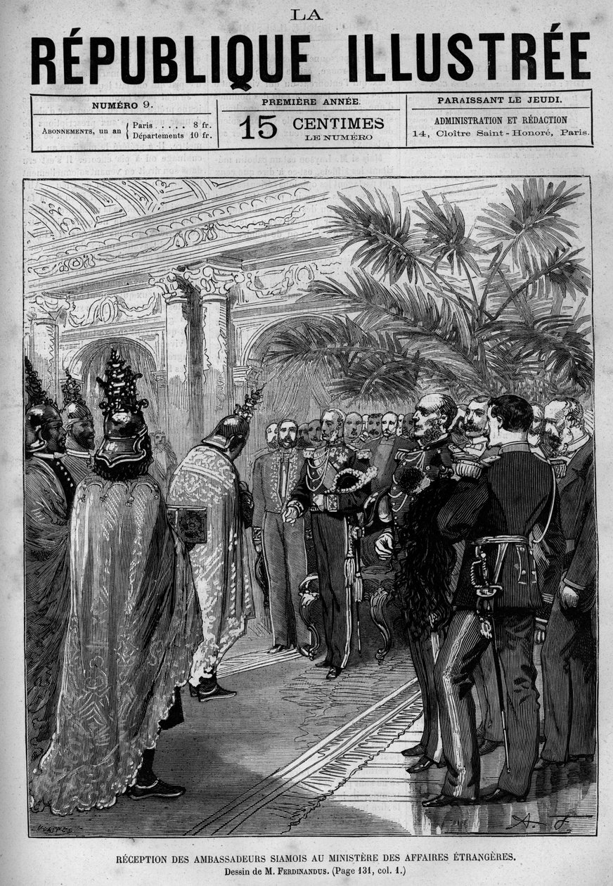 Mottagande av siamesiska ambassadörer till utrikesministeriet. En tidning. Gravyr från 1880 i "La republique illustree"" privat samling. av French School