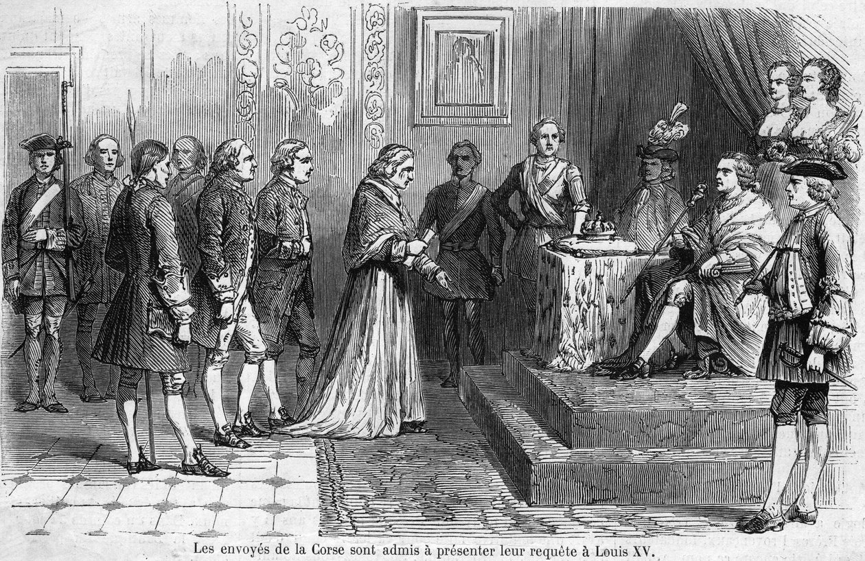 Mottagande av den korsikanska deputationen av kung Ludvig XV (1710-1774) 1769. Sändebuden begär att ön ska knytas till Frankrike. av French School