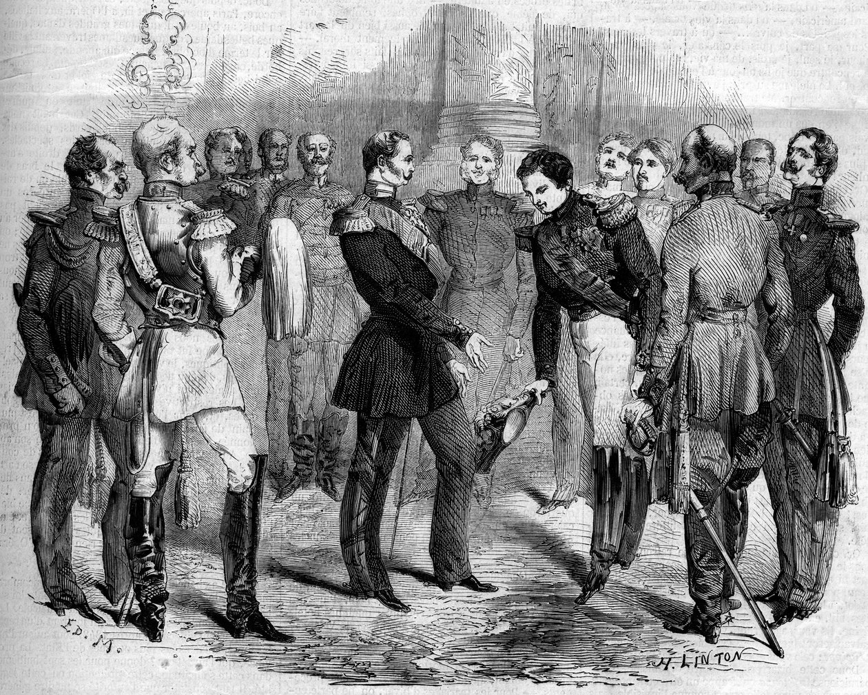 Mottagande av den franske kejsaren Napoleon III (1808-1873) av den ryske tsaren Alexander II (1818-1881) i Warszawa (Polen) av French School
