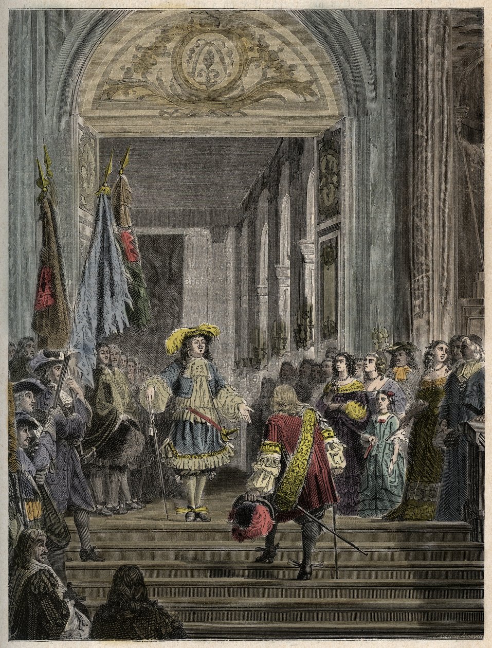 Mottagning av Grand Conde i Versailles av Ludvig XIV - trappan des ambassadeurs - Mottagning av Grand Conde (Louis II av Bourbon Conde) av kungen av Frankrike Ludvig XIV till Versailles 1674. gravyr i "" PATRIE""" - BESKRIVNING PECTURERICIAL DE av French School
