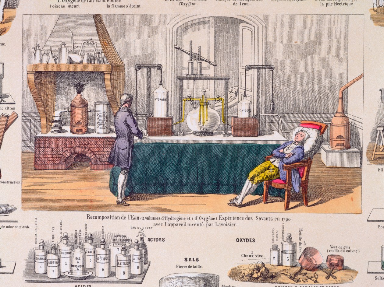 Omkomposition av vatten från väte och syre: Antoine Laurent de Lavoisier (1743-94) experimenterar med andningen av en vilande man, illustration från en utbildningsskylt, ca 1860 (färggravyr av French School