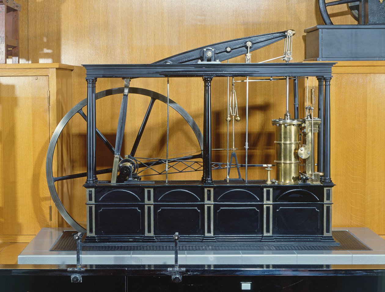 Rekonstruktion av ångmaskinen designad av James Watt (koppar och glas) av French School