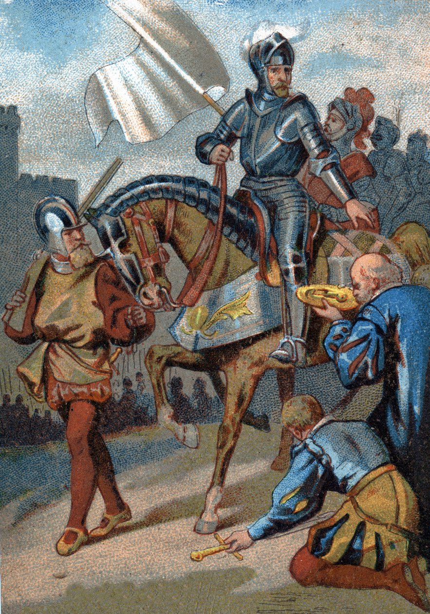 Recover of Calais över engelsmännen av hertigen av Guise 1558. Chromolithography of the Series "" Patriotic Education through Image"". av French School
