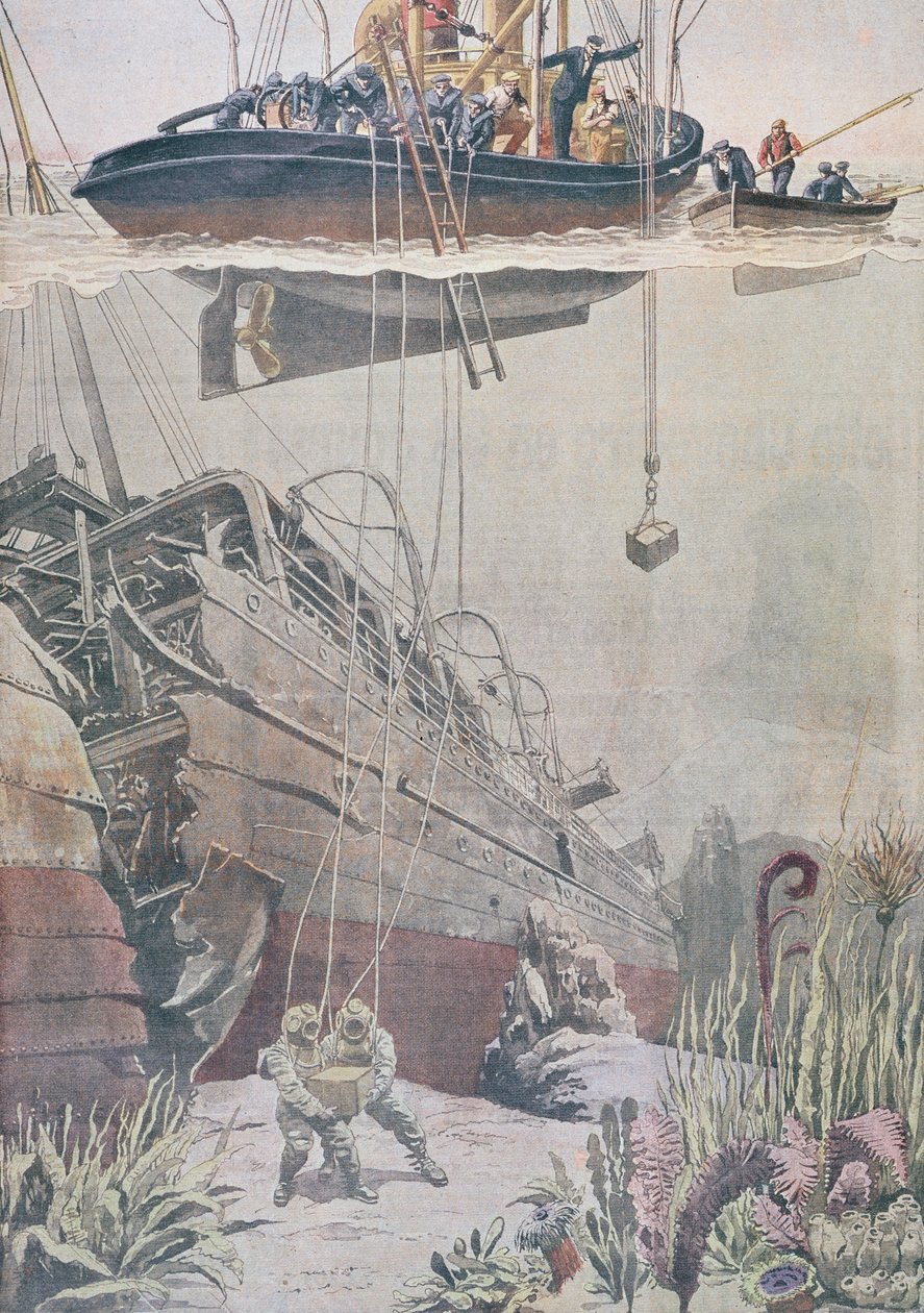 Återvinning av skatter från vraket av Oceana, illustration från Le Petit Journal, 1912 av French School