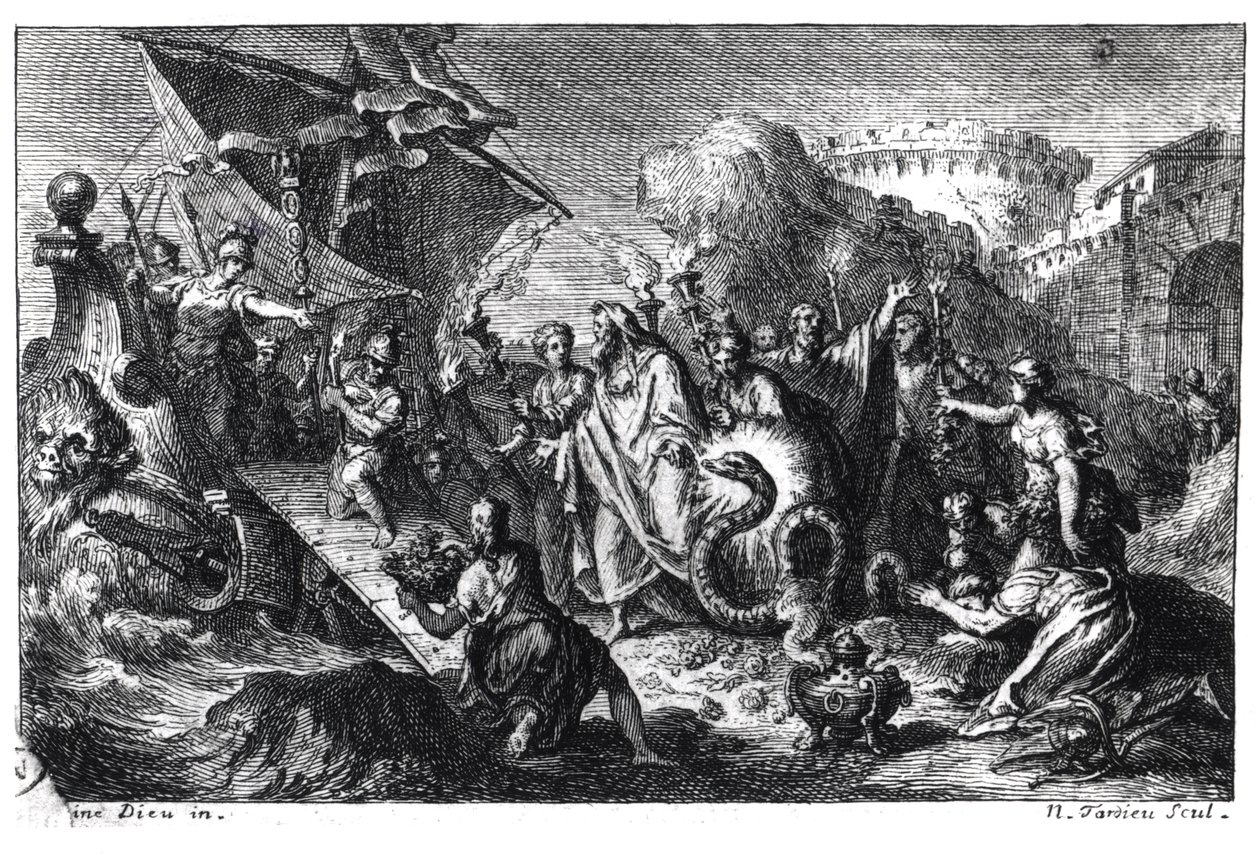 Reinkarnation av Asclepios som en orm vid tiden för hans kults ankomst till Rom från Grekland 293 f.Kr. av French School