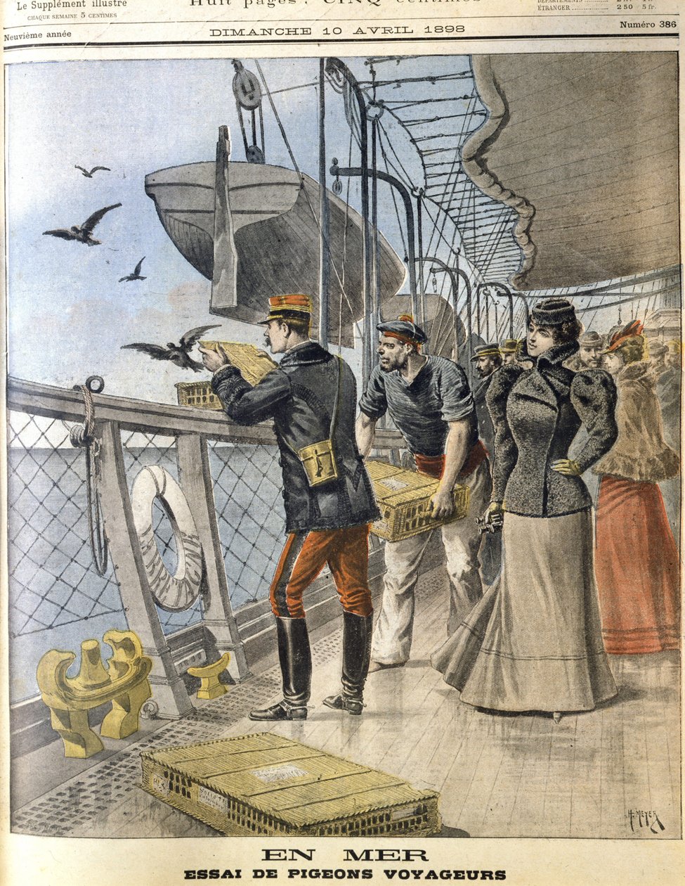 Frisläppande av fransk armé som målduvor ombord på det transatlantiska linjefartyget La Bretagne mellan Le Havre och New York av French School