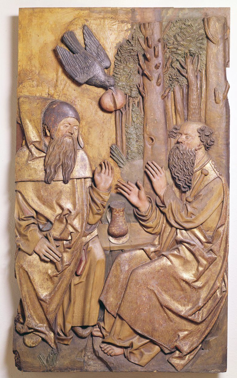 Relief föreställande St. Anthony på besök i St. Paul i öknen, från Chapale of the Old Hospital i Colmar (förgyllt trä) av French School