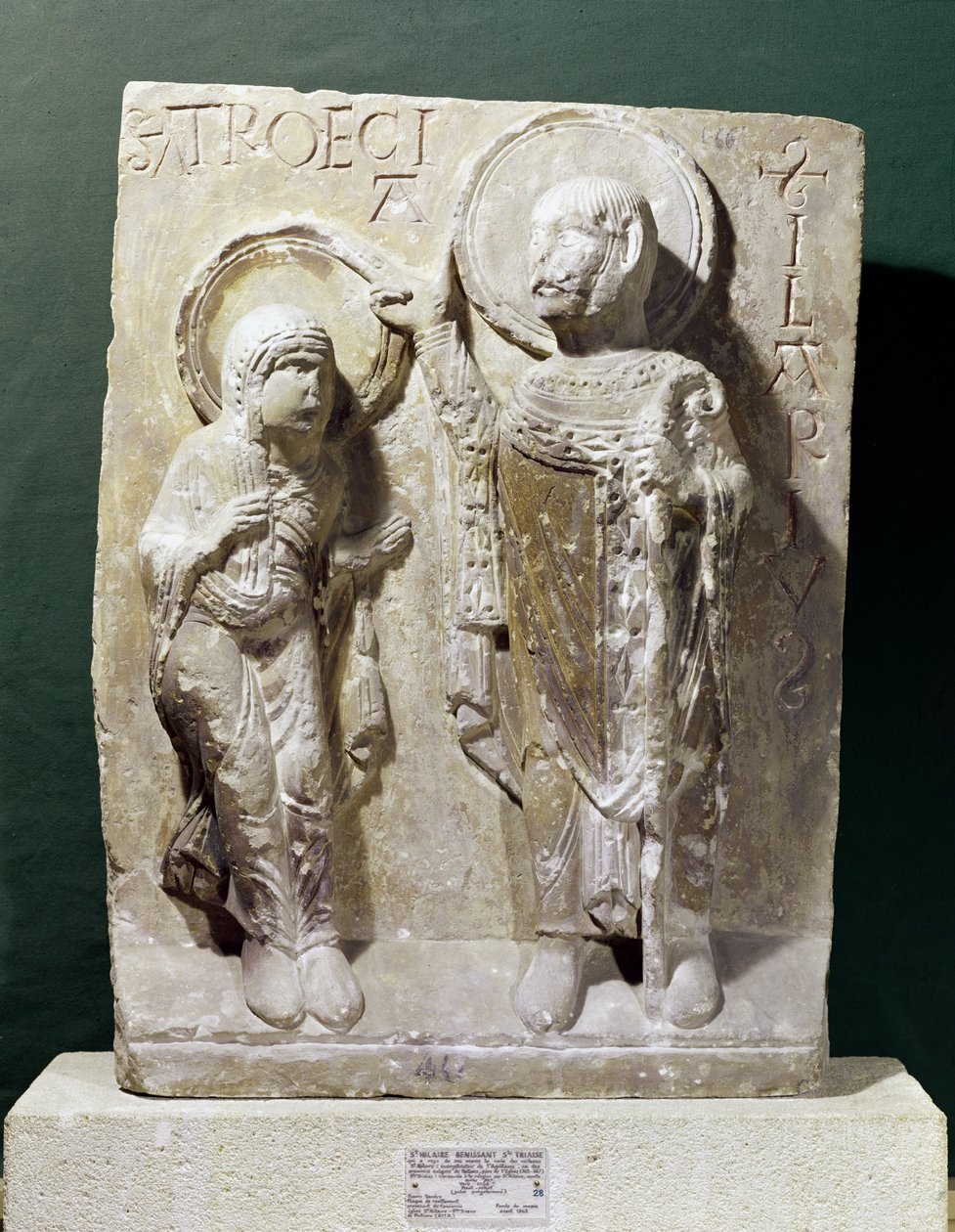 Relief föreställande St. Hilary av Poitiers (320-368) som välsignar St. Triaise, ca 1150 av French School