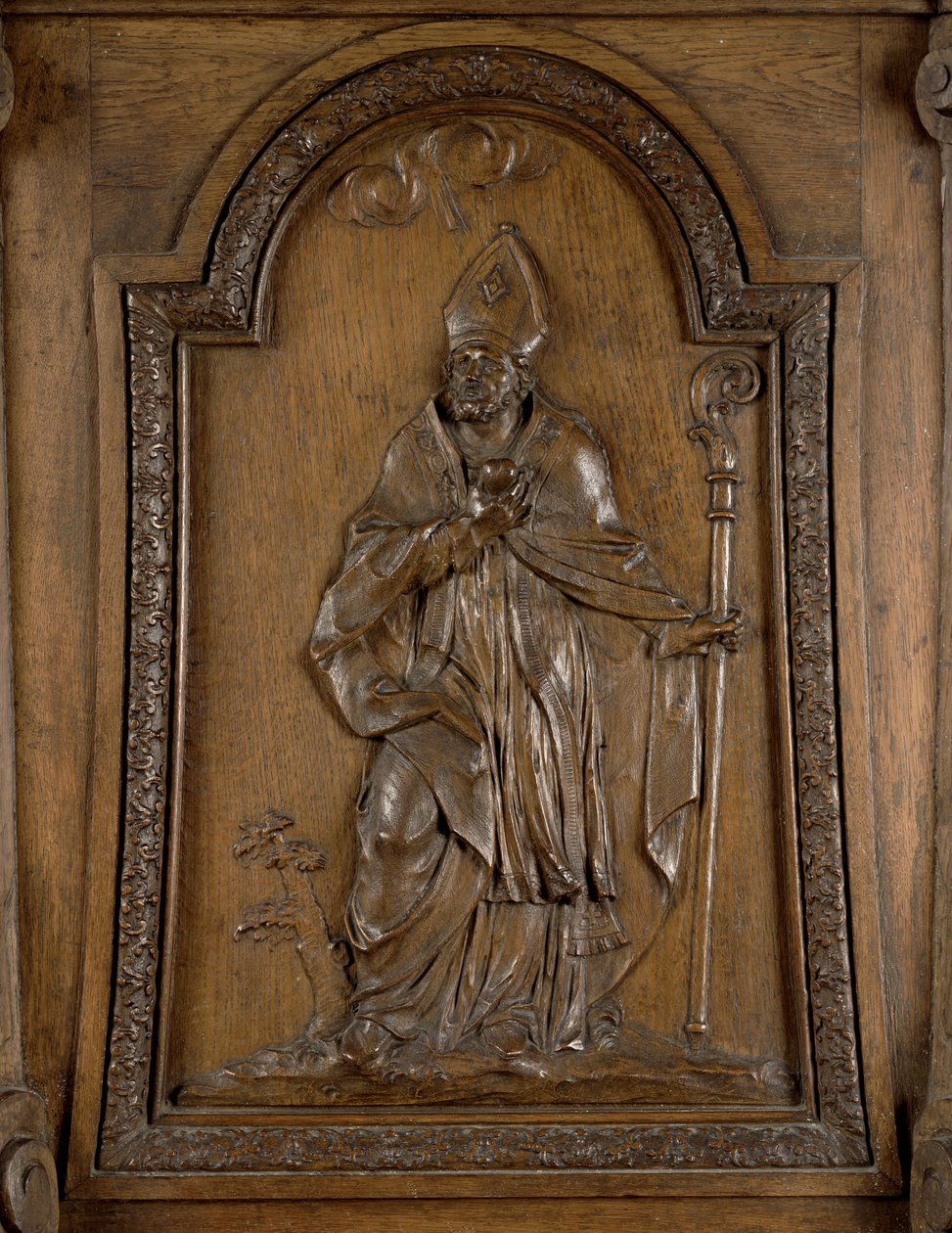 Relief föreställande St. Medard (ca 456-545) biskop av Noyon, från predikstolen (trä) av French School