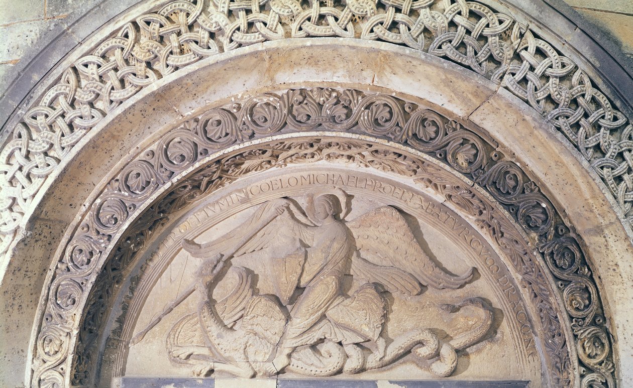 Relief från tympanonet föreställande St. Mikael och draken, 1137 av French School