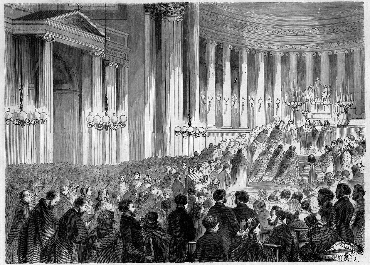 Religiös ceremoni, Paris, Noel 1857: firande av midnattsmässan i kyrkan Madeleine. Gravyr i "" Le Monde Illustré"" nr 38 den 2 januari av French School