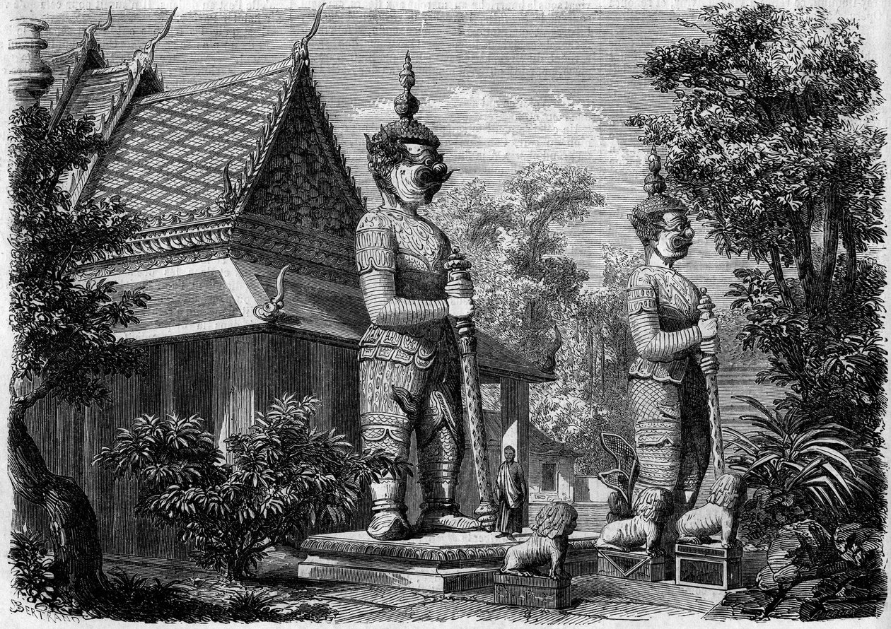 Religiös arkitektur: exteriörvy av en pagod i Bangkok (Siam) 1861. Gravyr i "" Le Monde Illustré"" nr 223 av 20 juli 1861. av French School
