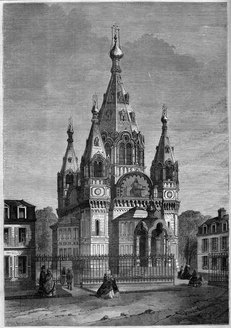 Religiös arkitektur: yttre vy av den rysk-ortodoxa katedralen Saint Alexandre Nevsky, Paris av French School