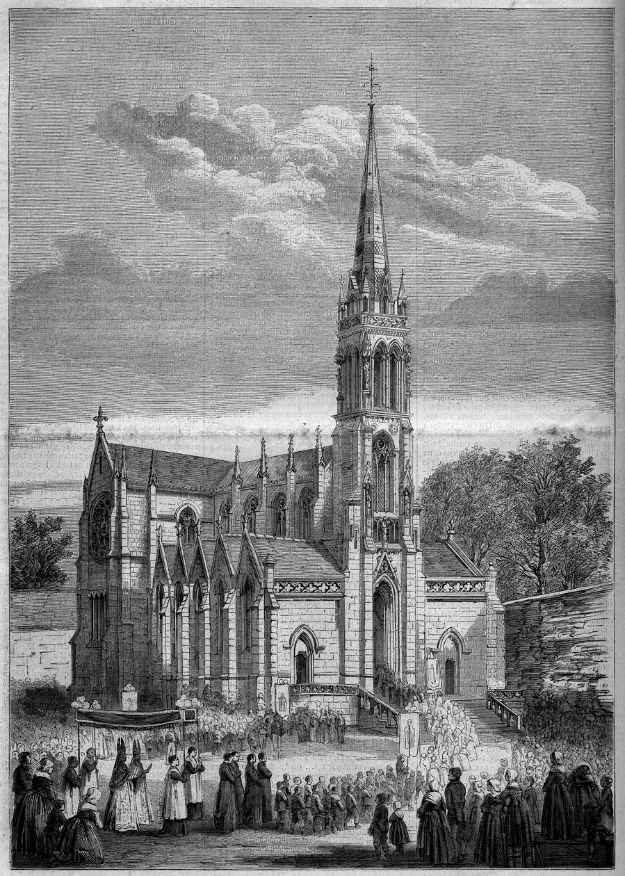 Religiös arkitektur: allmän bild av kyrkan Monfort le Retrou (idag Montfort le Gesnois i Sarthe (72), dagen för dess invigning 1858. Från en skiss av herr Moulin. Gravyr i "" Le Monde Illustré"" n °77 av den 2 oktober 1858. av French School