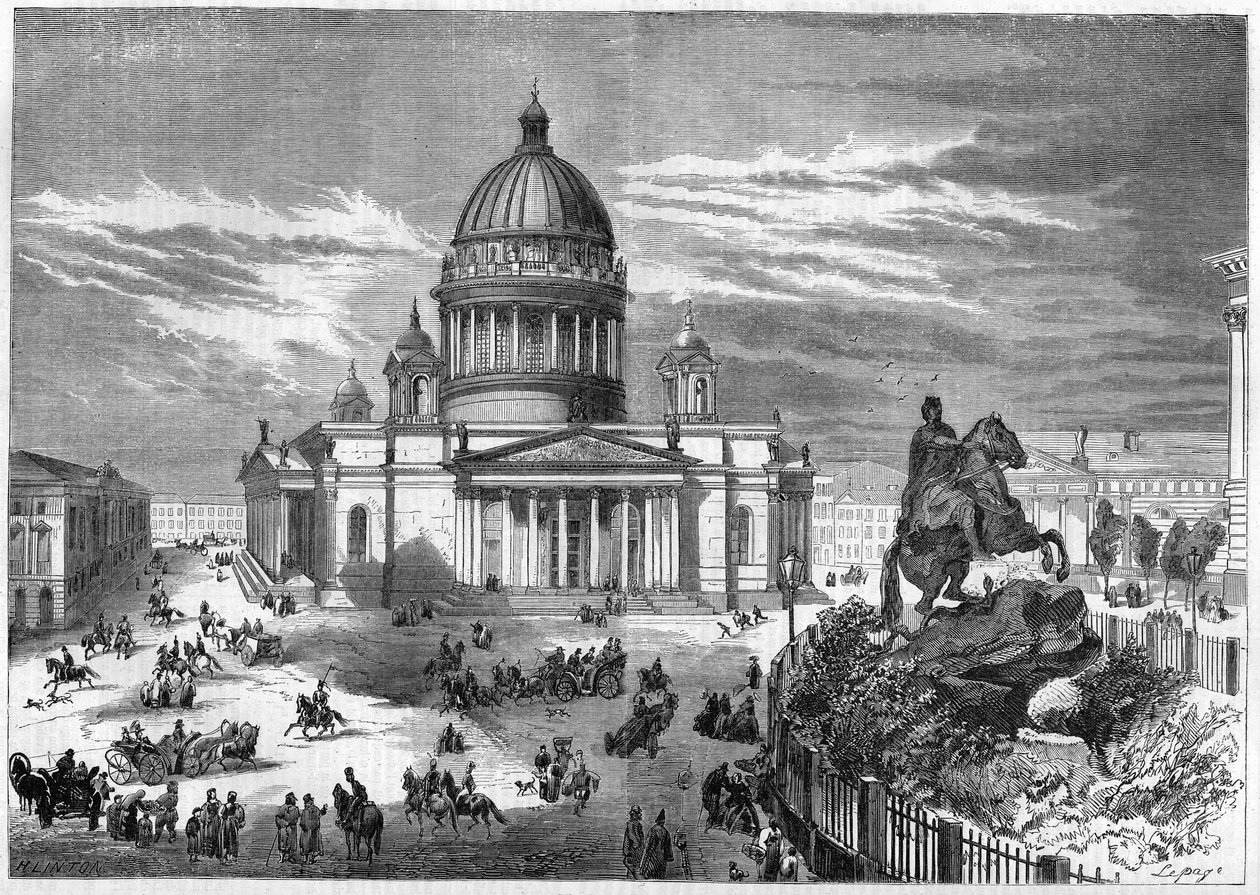 Religiös arkitektur: utsikt över den ortodoxa kyrkan Saint Isaac (1819-1858) i Sankt Petersburg (Sankt Petersburg) i Ryssland, byggd enligt planerna av arkitekten Ricard de Montferrand (1786-1858). Till höger är ryttarstatyn av Peter av French School