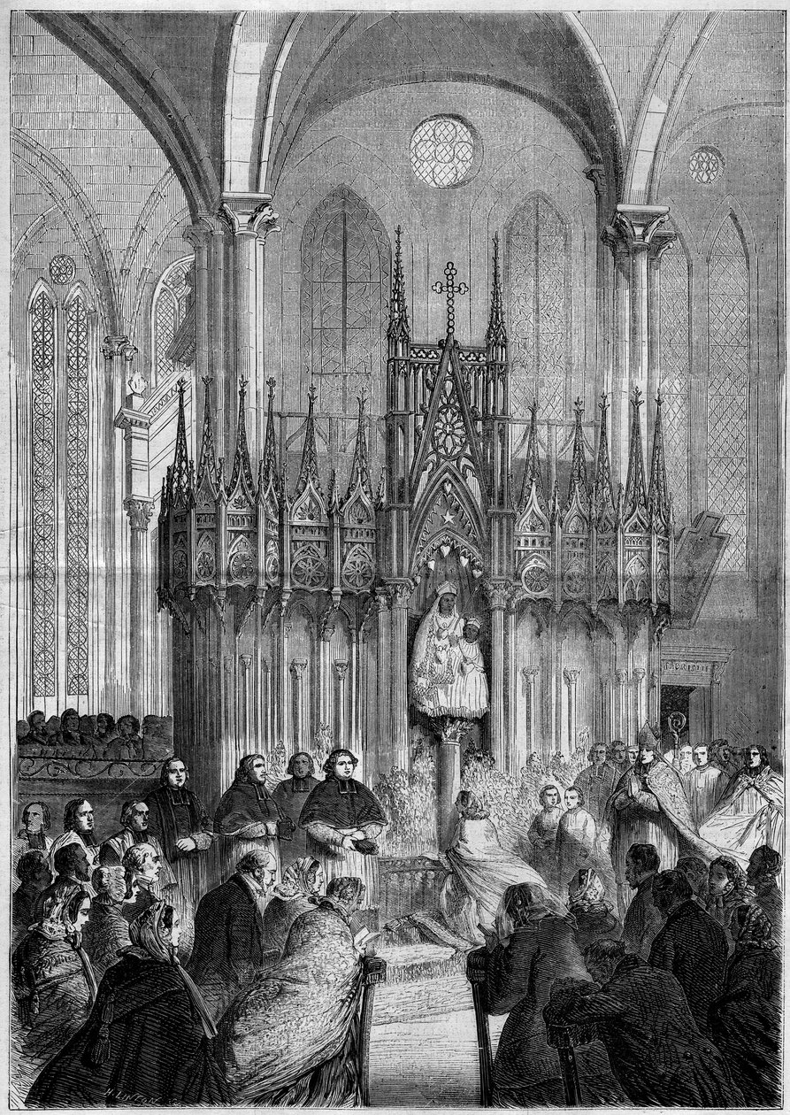 Religiös konst: staty av Notre Dame du Pillar eller "" Virgo Noire"" (cirka 1540) i katedralen i Chartres (Eure et Loire, 28) 1858. Gravyr i "" Le Monde Illustré"" nr 89 av 25 december 1858. av French School