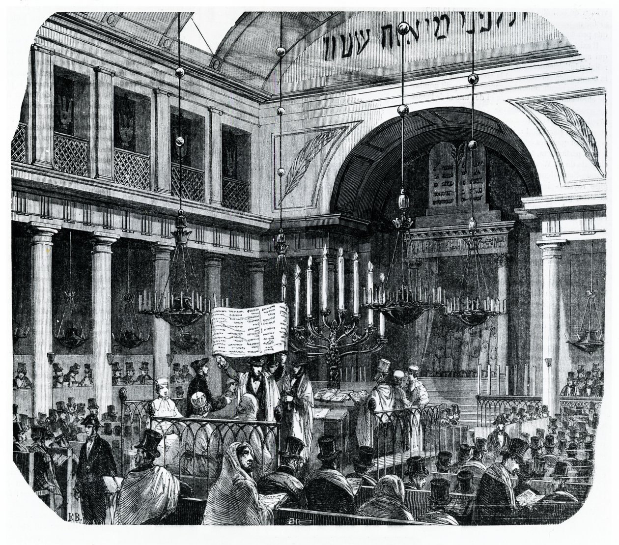 Religiös ceremoni vid den gamla Parissynagogan för Rosh Hashana, illustration från Le Tableau de Paris av Edmond Texier, publicerad i Paris, 1852 av French School