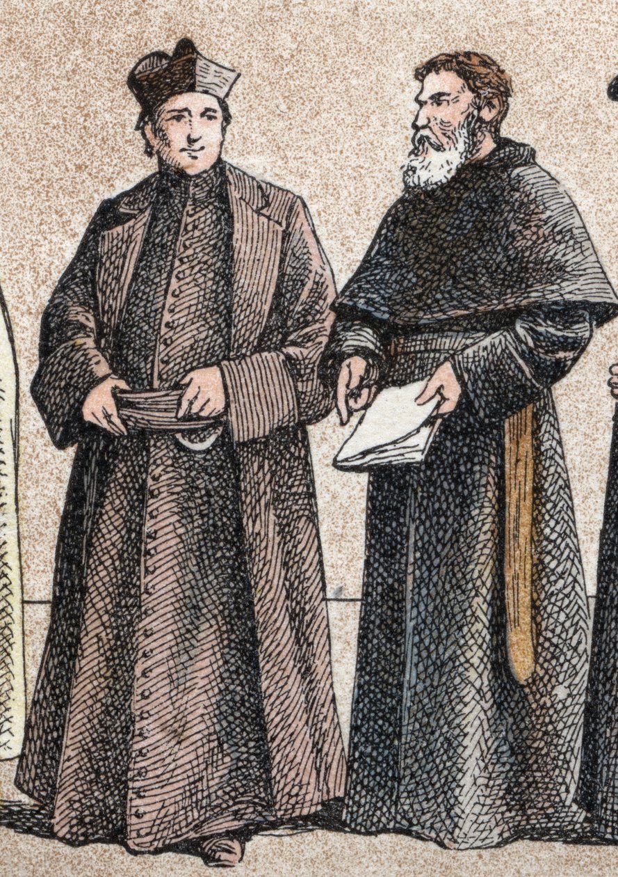 Religiösa dräkter: från g a d porträtt av en jesuit och en assumptionistbror (medlem av församlingen av Augustinianerna i Assumptionen) - Gravyr - Religiösa dräkter i antiken: från vänster till höger, porträtt av en jesuit och en Assum av French School