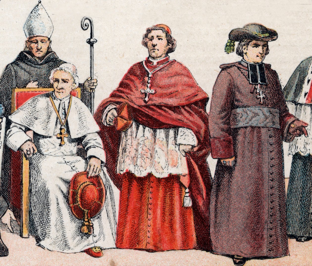 Religiösa dräkter: från g till d en eveque bär mitra och håller den biskopsliga rumpan, påven Leon XIII (Leone XIII) sittande, en kardinal i prelatice screed (eller cappa magna), och en eveque i rock - från l till r, biskop med mitra och kors, påven L av French School