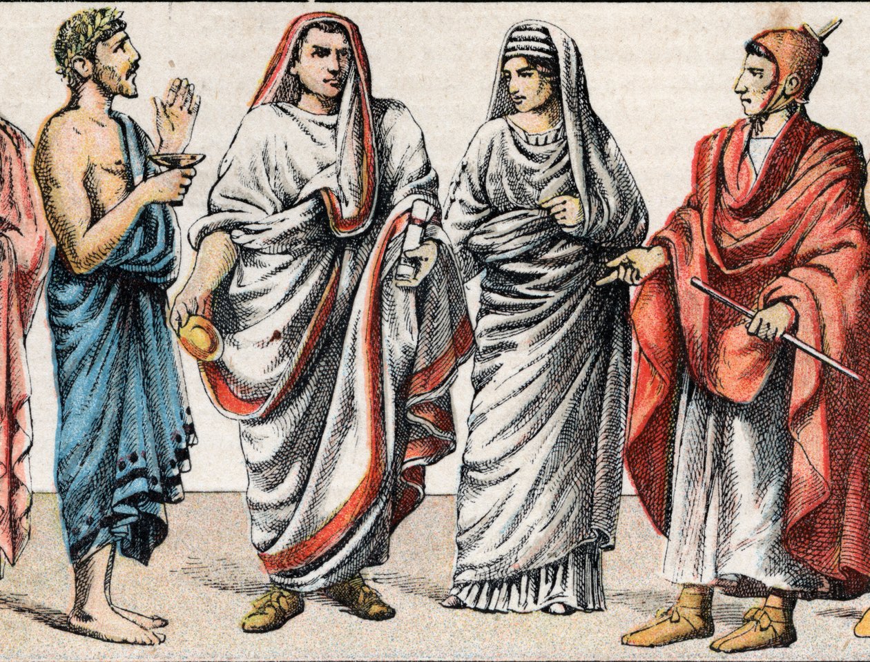 Religiösa dräkter i antiken: från ett porträtt av en grekisk präst, offerminister, en store påve i antikens Rom (Pontifex maximus), en vestal, en pretress från det antika Rom och en romersk präst för flamingo (flamen) som ägnas åt dyrkan av en Gud av French School