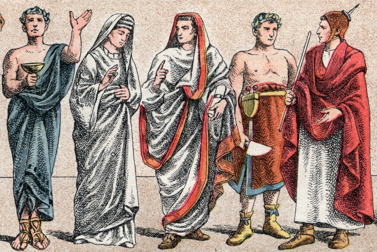 Religiösa dräkter i antiken: från ett porträtt av en grekisk präst, offerminister, en vestal, pretress i antikens Rom och en store påve i antikens Rom (Pontifex maximus), en popa och en flamino (flamen) romersk präst hängiven till gudstjänsten av o av French School