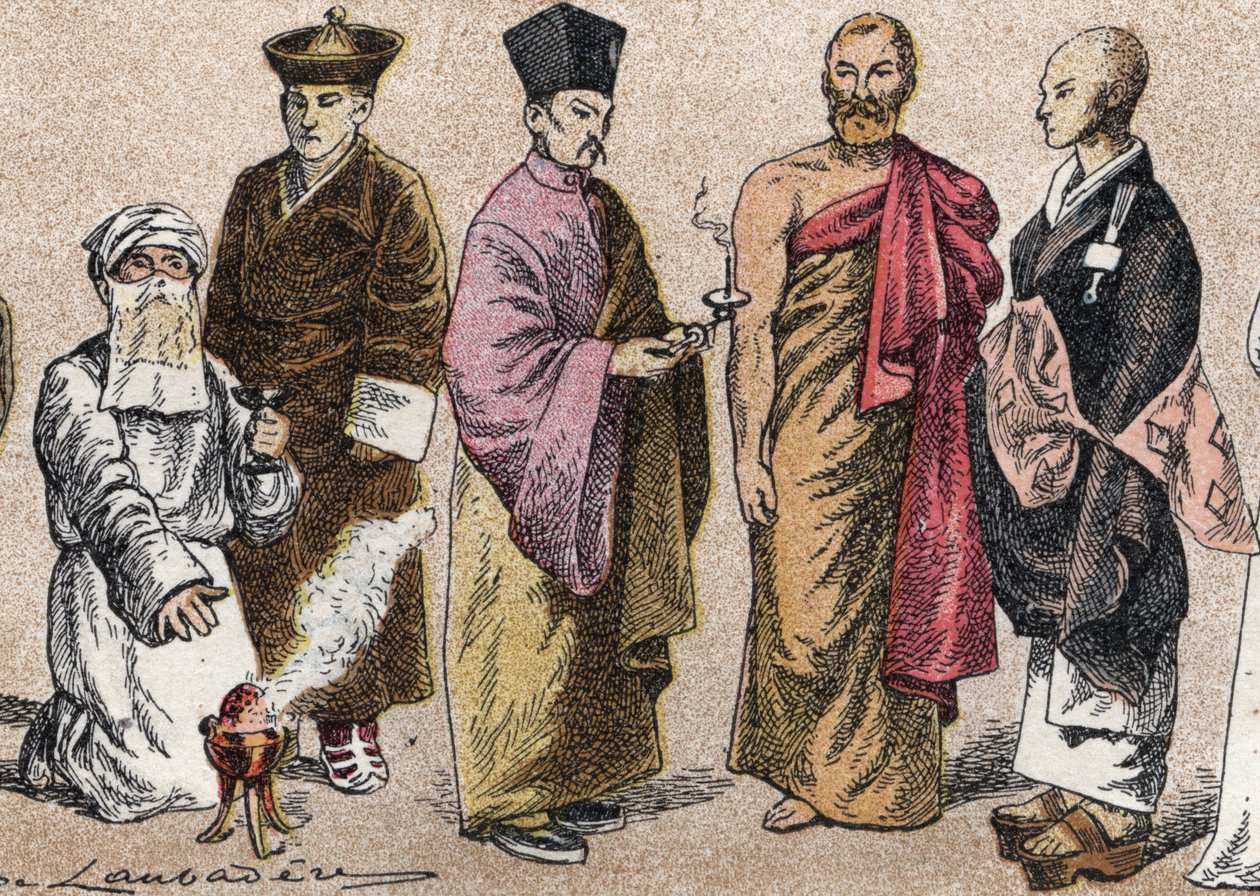 Asiens religiösa dräkter: från g a d porträtt av en präst Parsi (parsism eller anhängare av parsism), Lama (tibetansk andlig mästare), kinesisk buddhistpräst, Ceylon-bonze och japansk buddhistpräst - Gravyr - Religiösa dräkter i Asien: från vänster till ri av French School