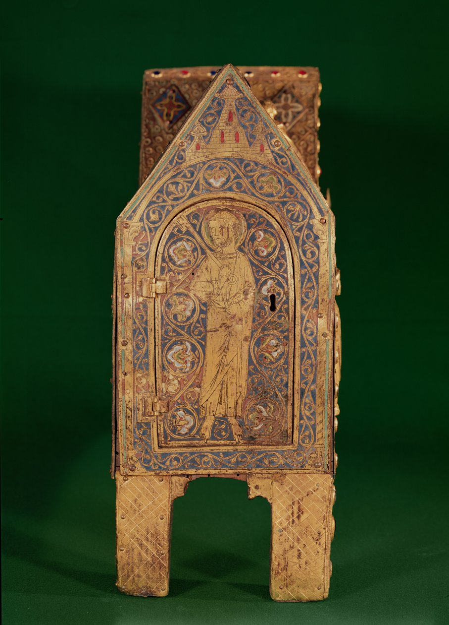 Relikvieskrin av St. Calminius, detalj av St. Peter som håller nycklarna, Limoges (koppar & champleve-emalj) av French School