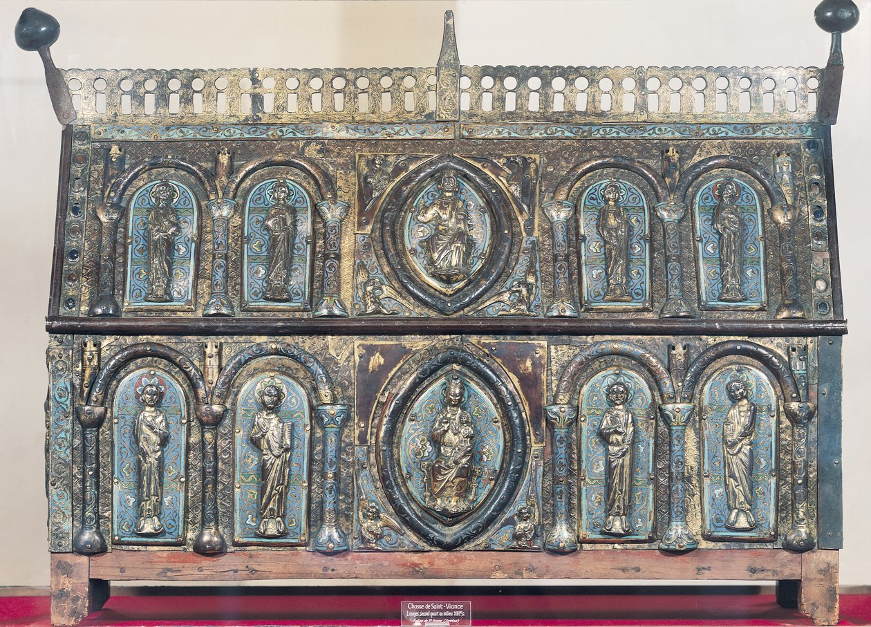 Relikvieskrin från St. Viance, Limousin School, c.1230-50 (förgylld koppar & champleve-emalj) av French School