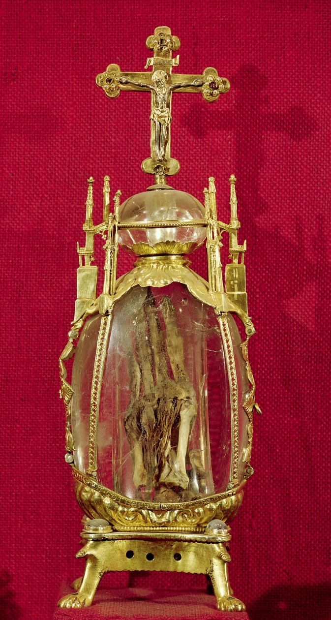 Relikvieskrin innehållande St. Attalias hand (ca 697-741) 1100-1400-talet (koppar, förgyllt silver och bergskristall) av French School