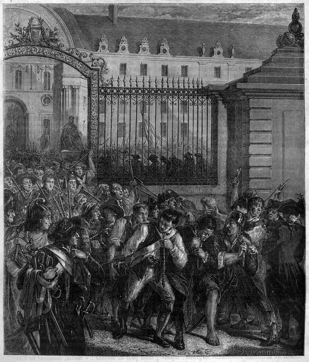 Avlägsnande av vapen från de invalider av folket "mot despotism är uppror den heligaste av rättigheter och den allra heligaste av plikter". Gravyr i "Histoire des Papes-Rois-Queen and Empereurs a travers les centuries"" av Maurice Lachatre av French School