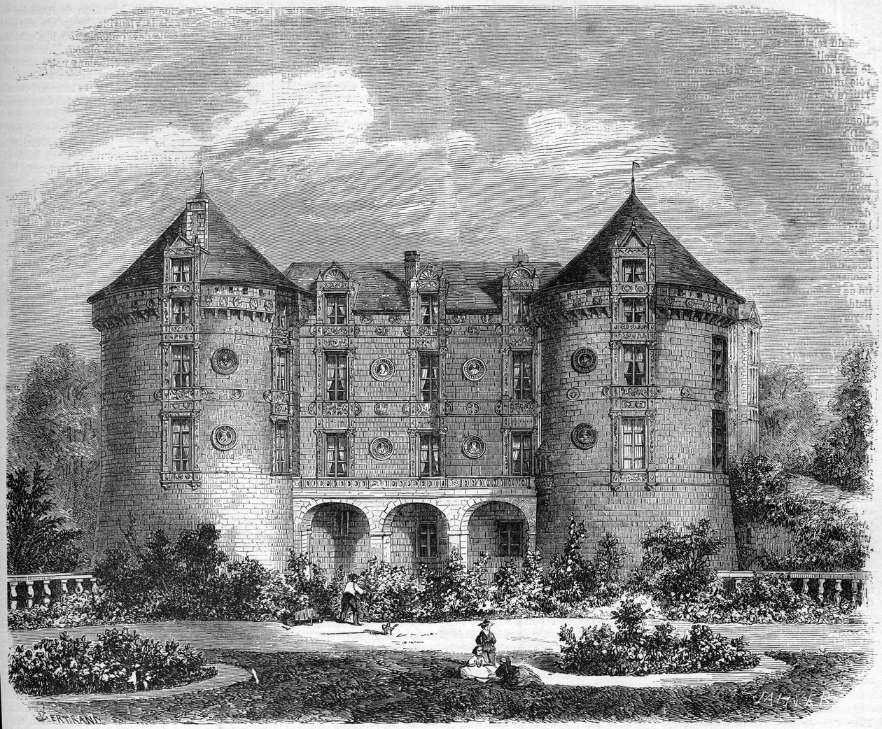 Renässansarkitektur - slotten i Loire: utsikt över fasaden på Chateau du Lude 1857. Le Lude, Sarthe (72). Gravyr i "" Le Monde Illustré"" nr 28 den 24 oktober av French School