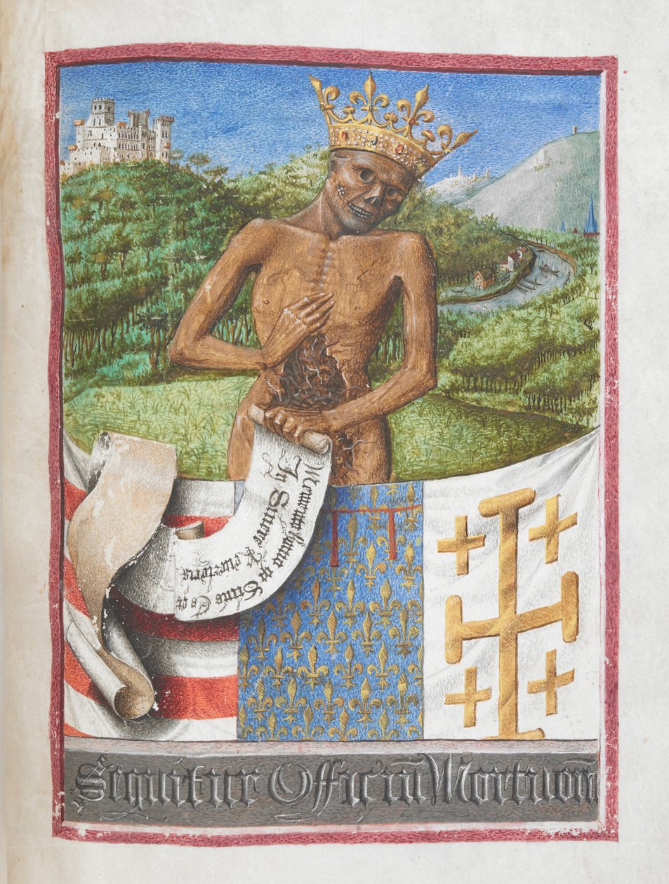 Rene, hertig av Anjou som ett krönt skelett, från René av Anjous tidbok (vellum) av French School