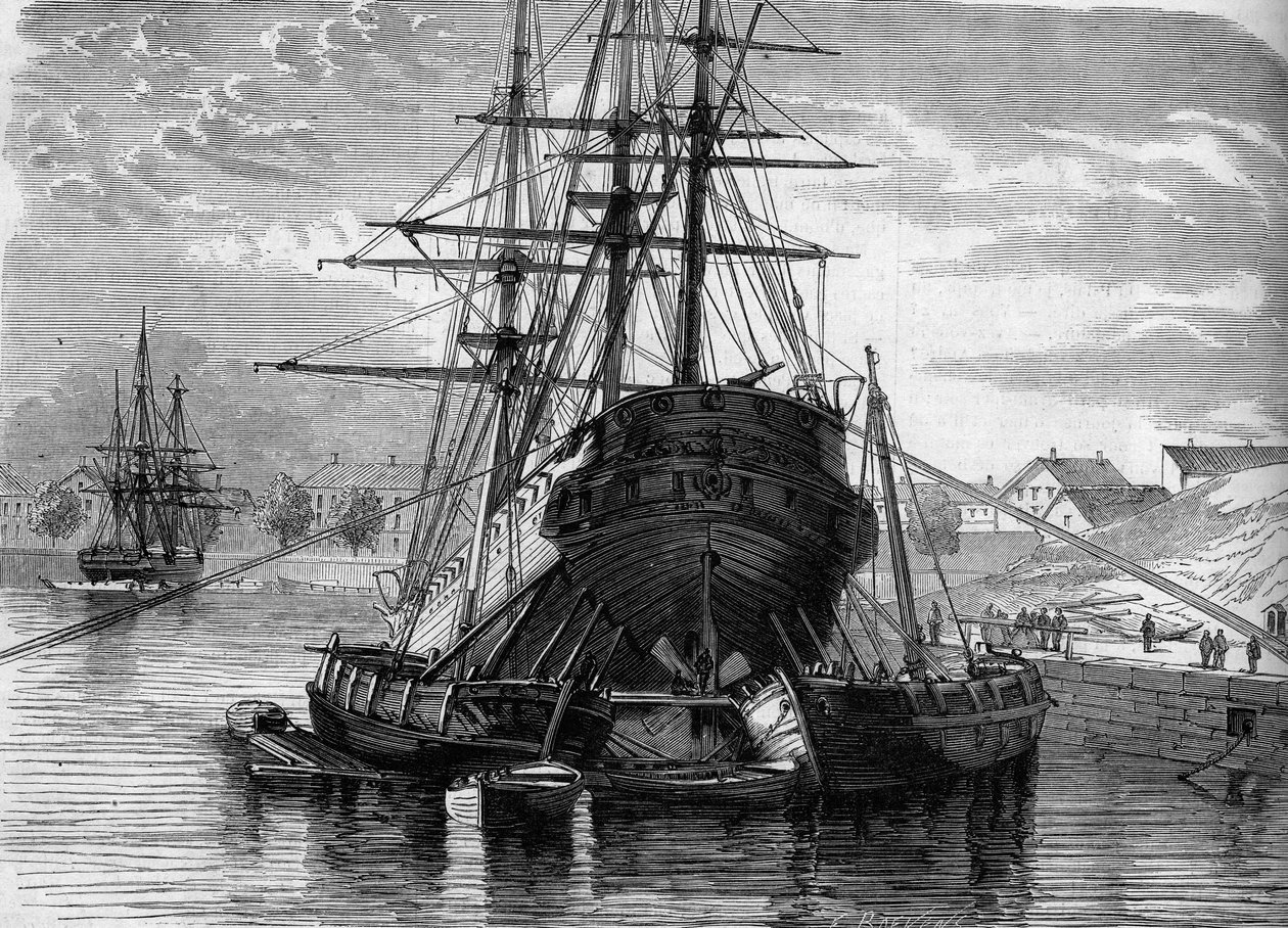 Reparation av ett fartyg (ångbåten "Vera Cruz"): vi lyfter den bakre för att sätta spiralen upptäckt. 1863. Gravyr i "" Le Monde Illustré"" nr 320 av 30 maj 1863. av French School