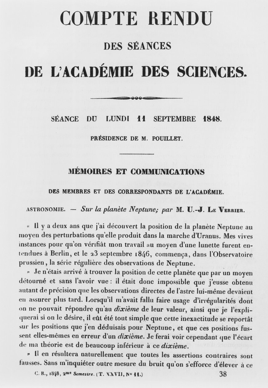 Rapport från sessionerna vid Academie des Sciences av Jean Joseph Le Verrier (1811-77) på planeten Neptunus, 11 september 1848 av French School