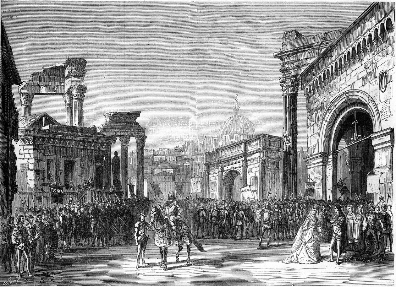 Representation av en opera: "Rienzi" av Richard Wagner (1813-1883). Scen från akt III (Forumet). Paris, Lyriska teatern av French School