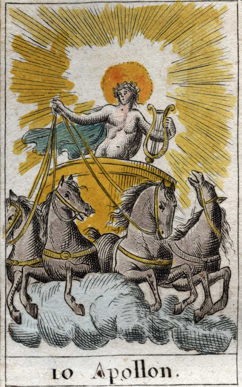 Representation av Apollo, gud för sång, musik och poesi, på sin vagn (Apollo, Gud av ljus, musik, poesi). Från "Mythology of Youth" av Pierre Blanchard 1803. av French School