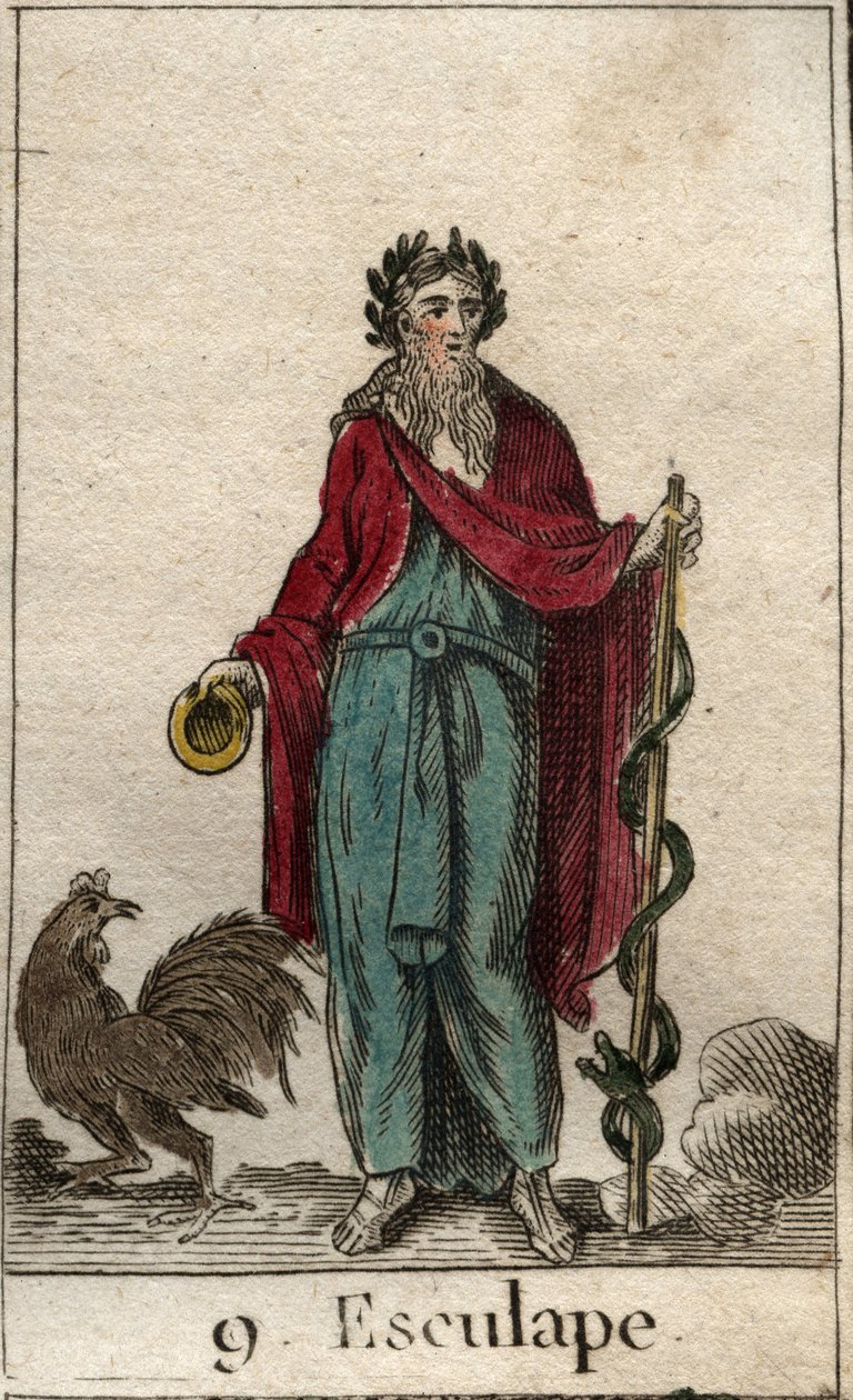 Representation av Asclepios, medicinens gud, han håller i handen en pinne av Asclepios (lövfällande), en pinne av pelerine på vilken är lindad en orm, symbol för kunskap (medicinens gud, Asclepius (eller Asclepios eller Aesculapius) som håller en stav av A av French School