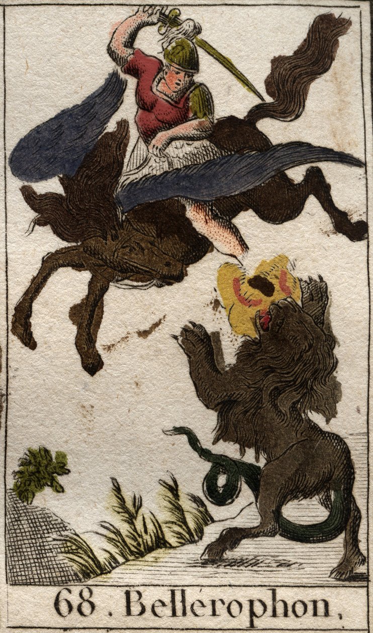 Representation av Bellerophon, ridande Pegase, dödande chimere (representation av Bellerophon, på Pegasus, spjutande Chimera). Från "Mythology of Youth" av Pierre Blanchard 1803. av French School