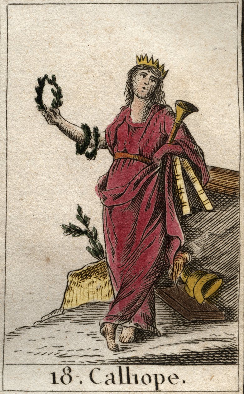 Representation of Calliope, musa av episk poesi, hon håller i sin hand en krona och trumpeten av epopee (Representation of Calliope, Muse of heroic poesi). Från "Mythology of Youth" av Pierre Blanchard 1803. av French School