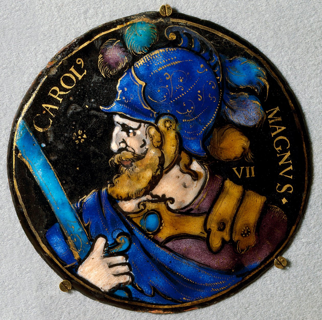Representation av Karl den Store (Karl I den store) (742 - 814), kung av Frankrike. Medaljong i e-post från Limoges på 1500-talet. Lyssna, National Renaissance Museum av French School
