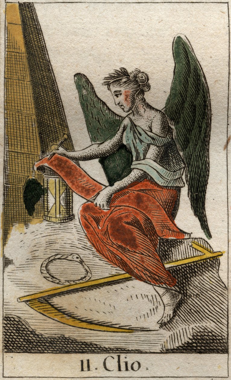 Representation av Clio, historiens musa, som ung flicka krönt med lagrar, med en rulle papyrus i handen för att registrera historiska fakta (Clio (eller Kleio), historiens musa, krönt med lagrar och med en pergamentsrulle). Från "Mythology of Yout av French School