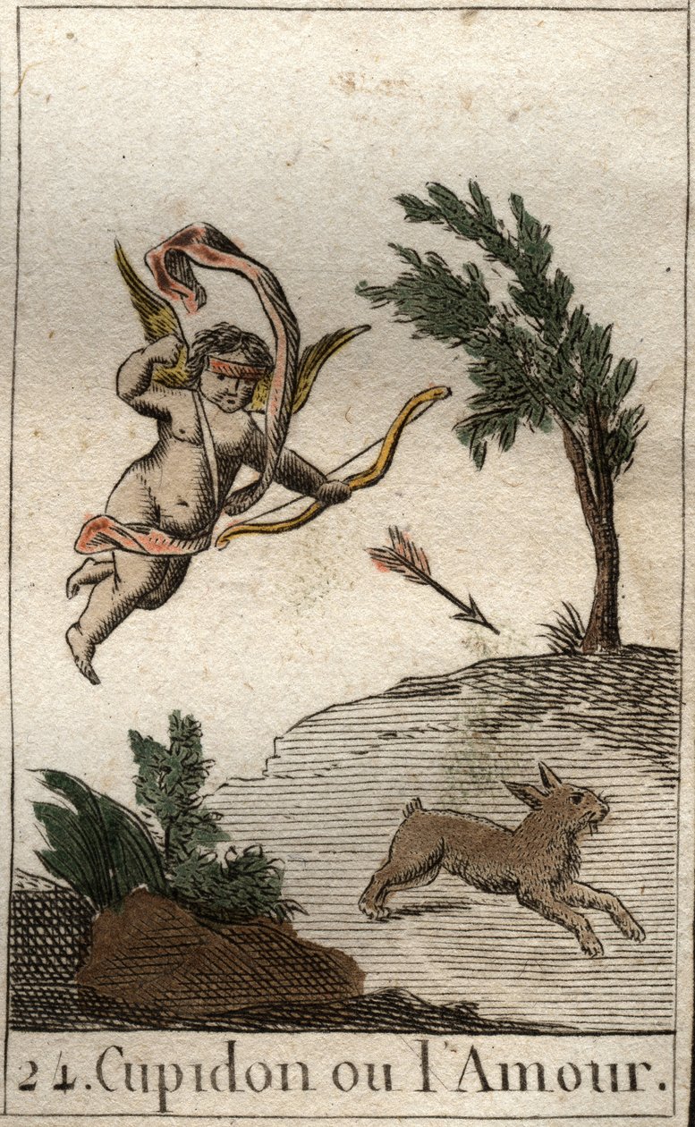 Representation av Amor, eller Amour, tjänare till Venus, som ett barn med ögonbindel, som drar en pil (Amor, kärlekens gud, som ett barn med ögonbindel, drar en pil). Från "Mythology of Youth" av Pierre Blanchard 1803. av French School